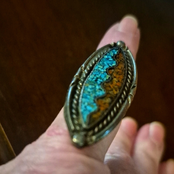Silver Ring with Blue and Orange Stone - Picture 1 of 2